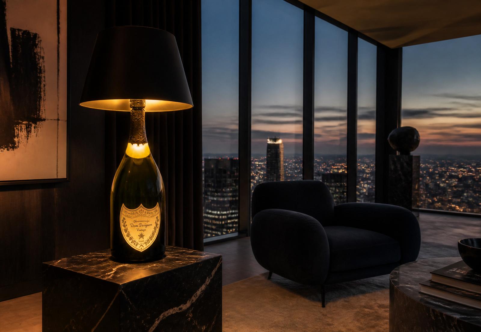Bottle lamp glowing in a penthouse at dusk